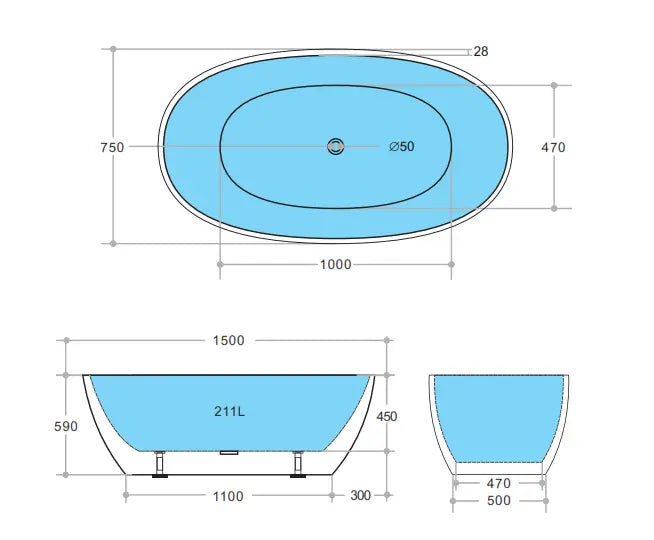Stella Matte White Free Standing Bathtub 1500*750*590mm Poseidonbk