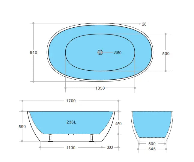 Stella Matte Black & Matte White Free Standing Bathtub 1700*810*590mm Poseidonbk