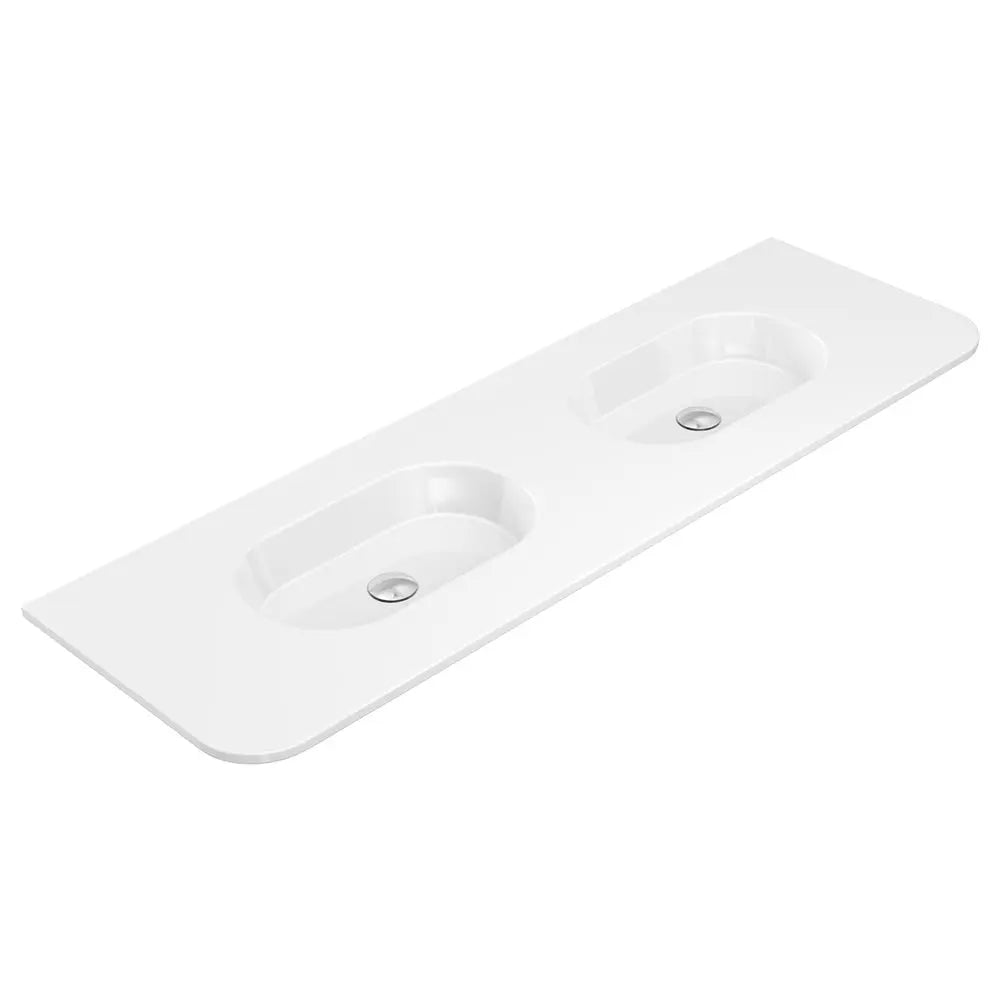 Lola Gloss Full Depth Curved Ceramic Basin Top Double Bowl 1500mm No-Tap-Hole fienza