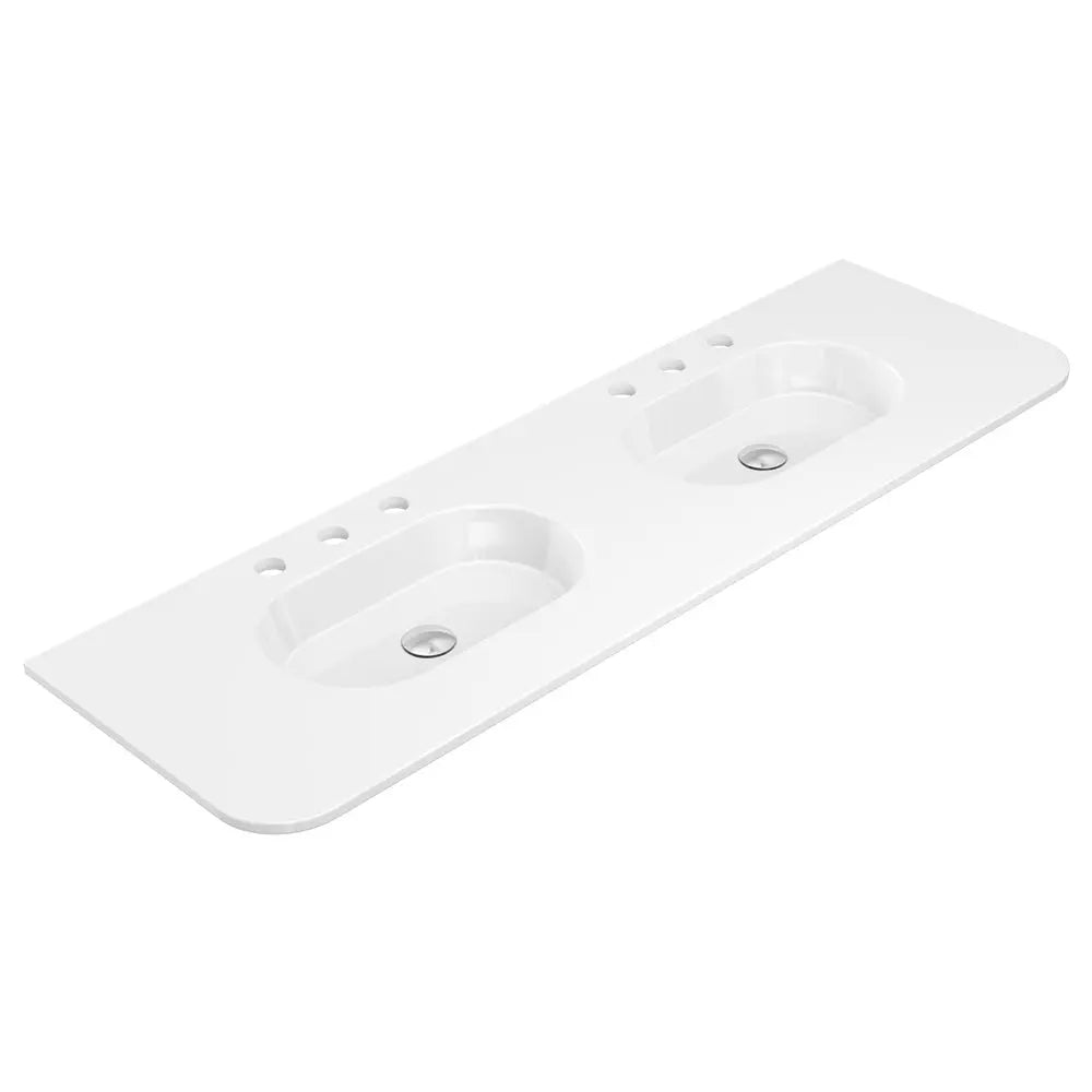 Lola Gloss Full Depth Curved Ceramic Basin Top Double Bowl 1500mm 3-Tap-Hole fienza