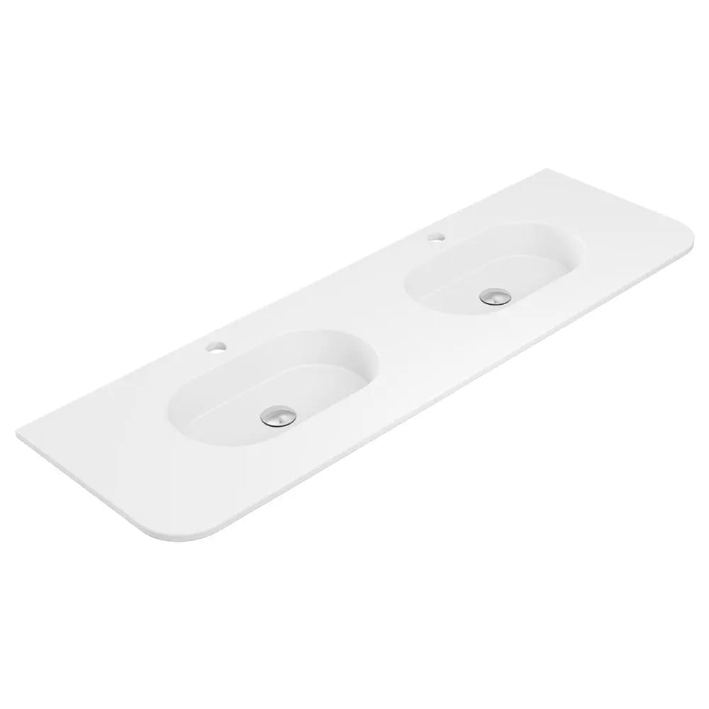 Lola Matte Full Depth Curved Ceramic Basin Top Double Bowl 1500mm 1-Tap-Hole fienza