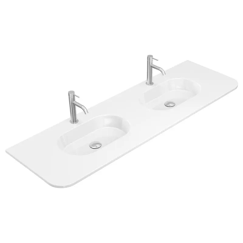 Lola Gloss Full Depth Curved Ceramic Basin Top Double Bowl 1500mm 1-Tap-Hole fienza