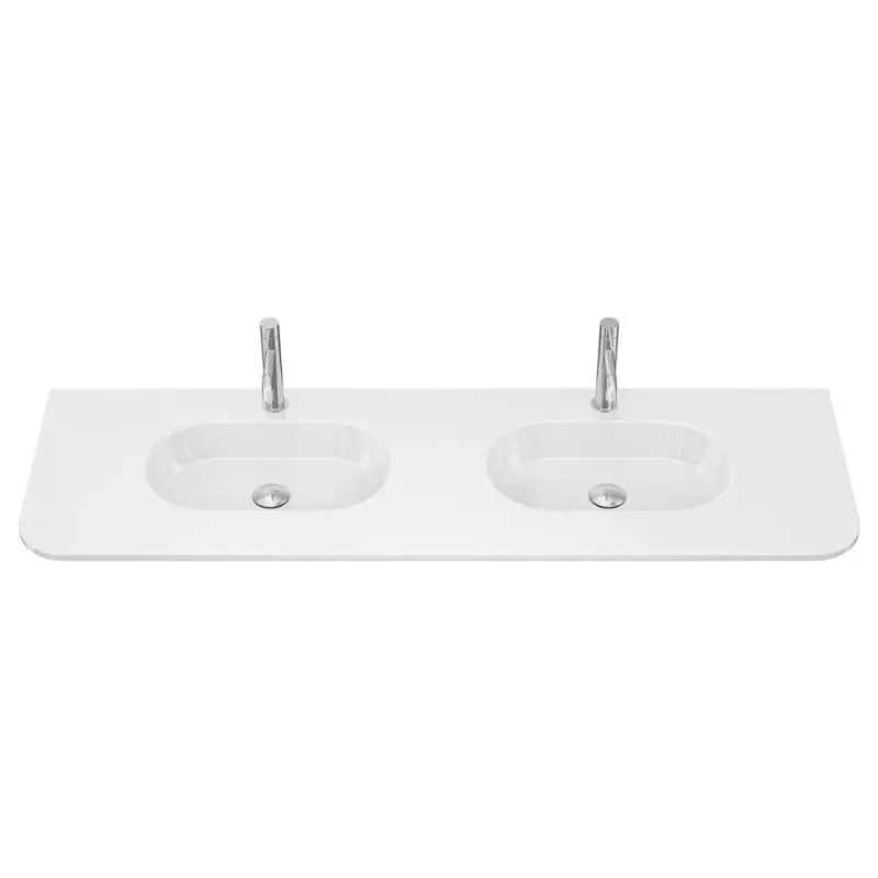 Lola Gloss Full Depth Curved Ceramic Basin Top Double Bowl 1500mm 1-Tap-Hole fienza