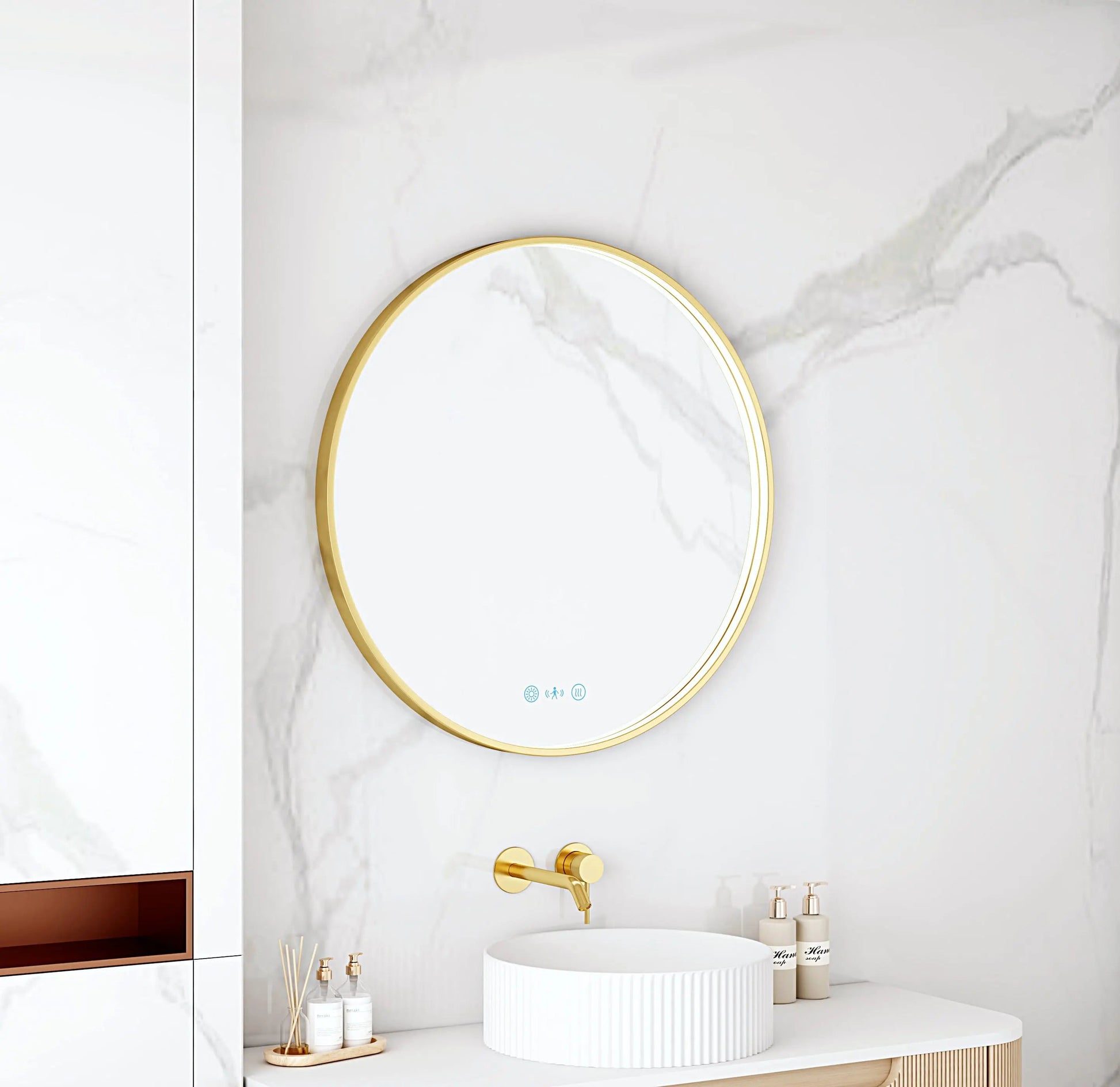 Maia 600/750/900mm LED Round Mirror – Brushed Gold Frame mercioaustralia