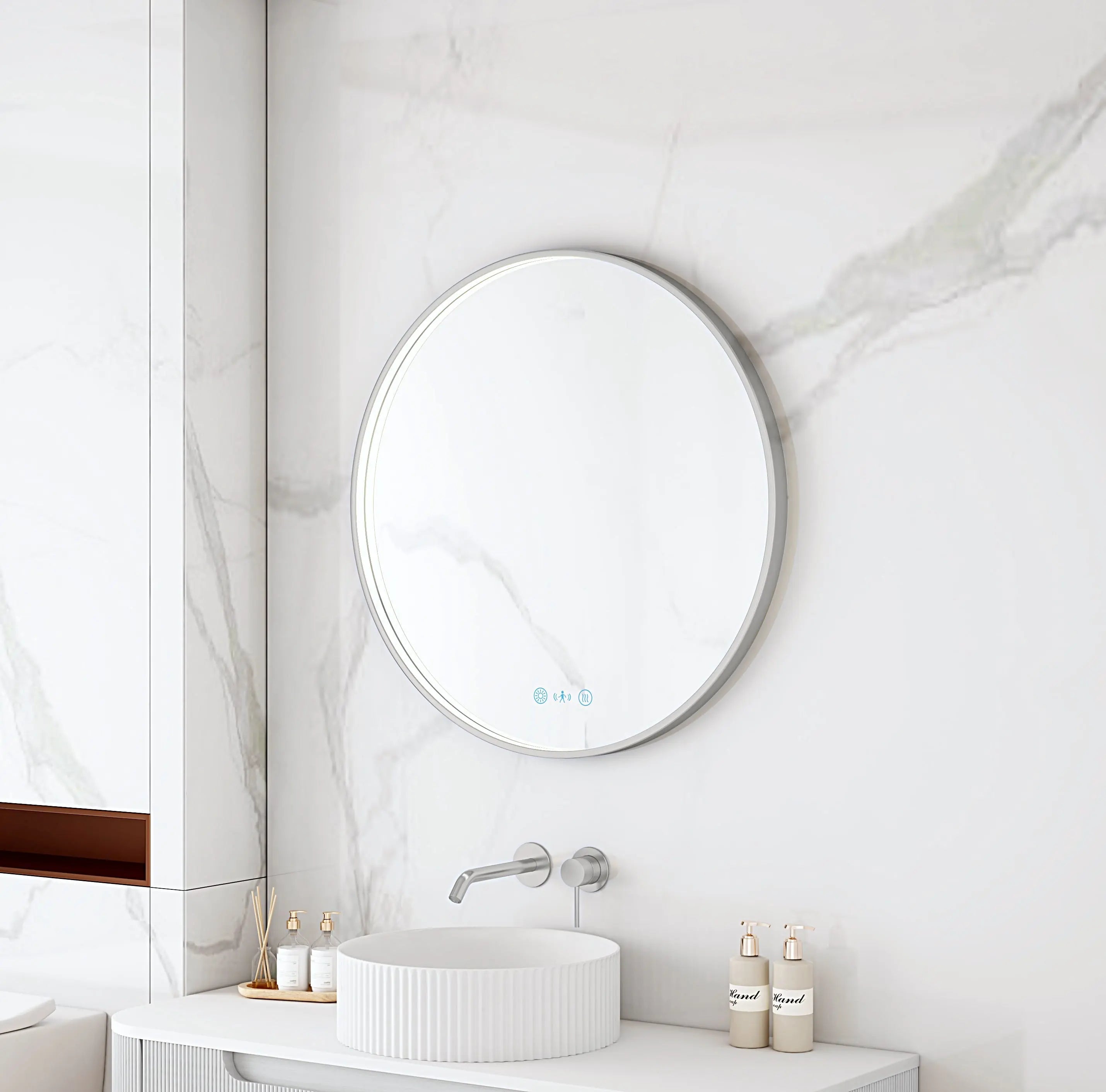 Maia 600/750/900mm LED Round Mirror – Brushed Nickel Frame mercioaustralia