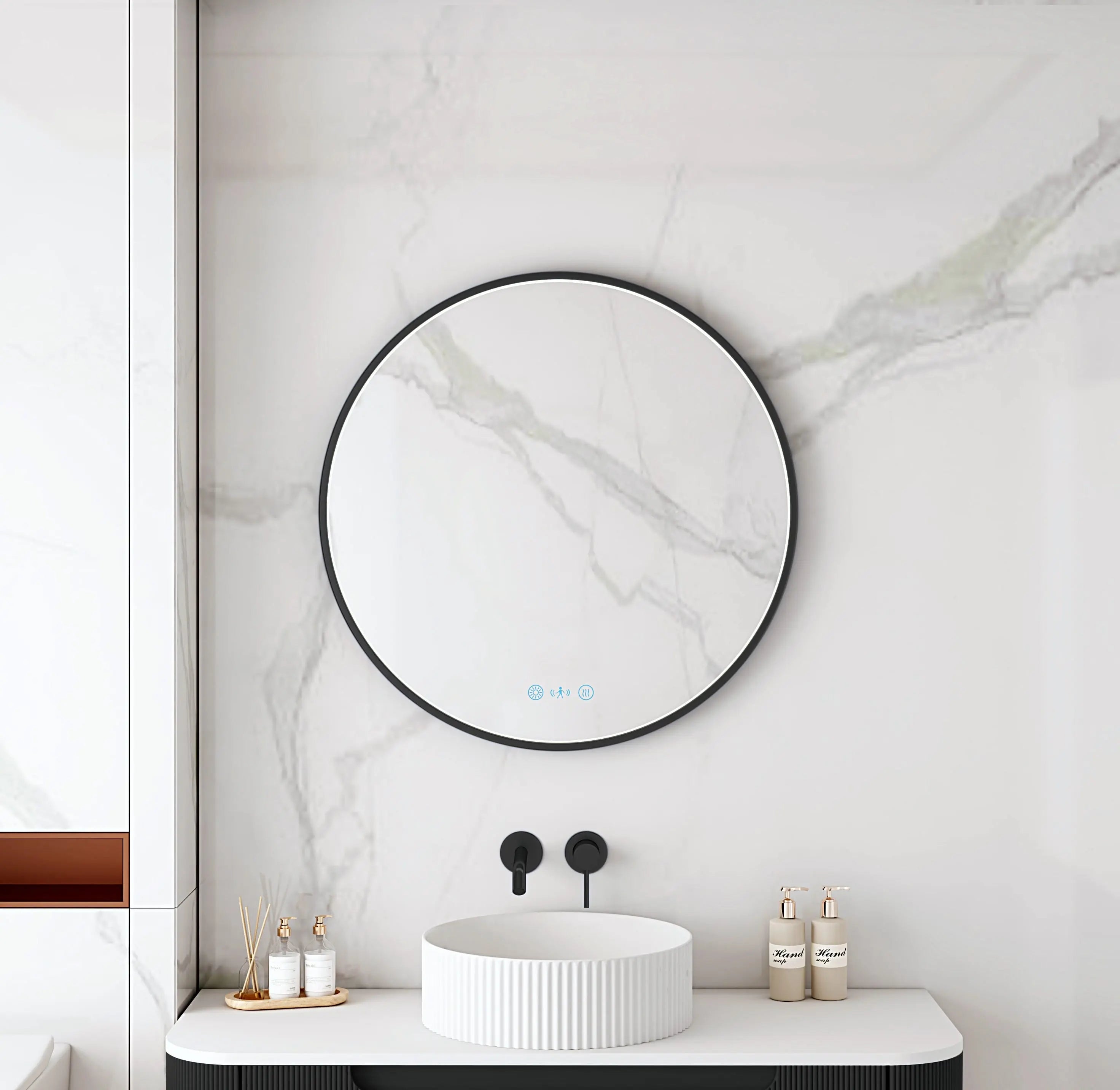 Maia 600/750/900mm LED Round Mirror – Matt Black Frame mercioaustralia