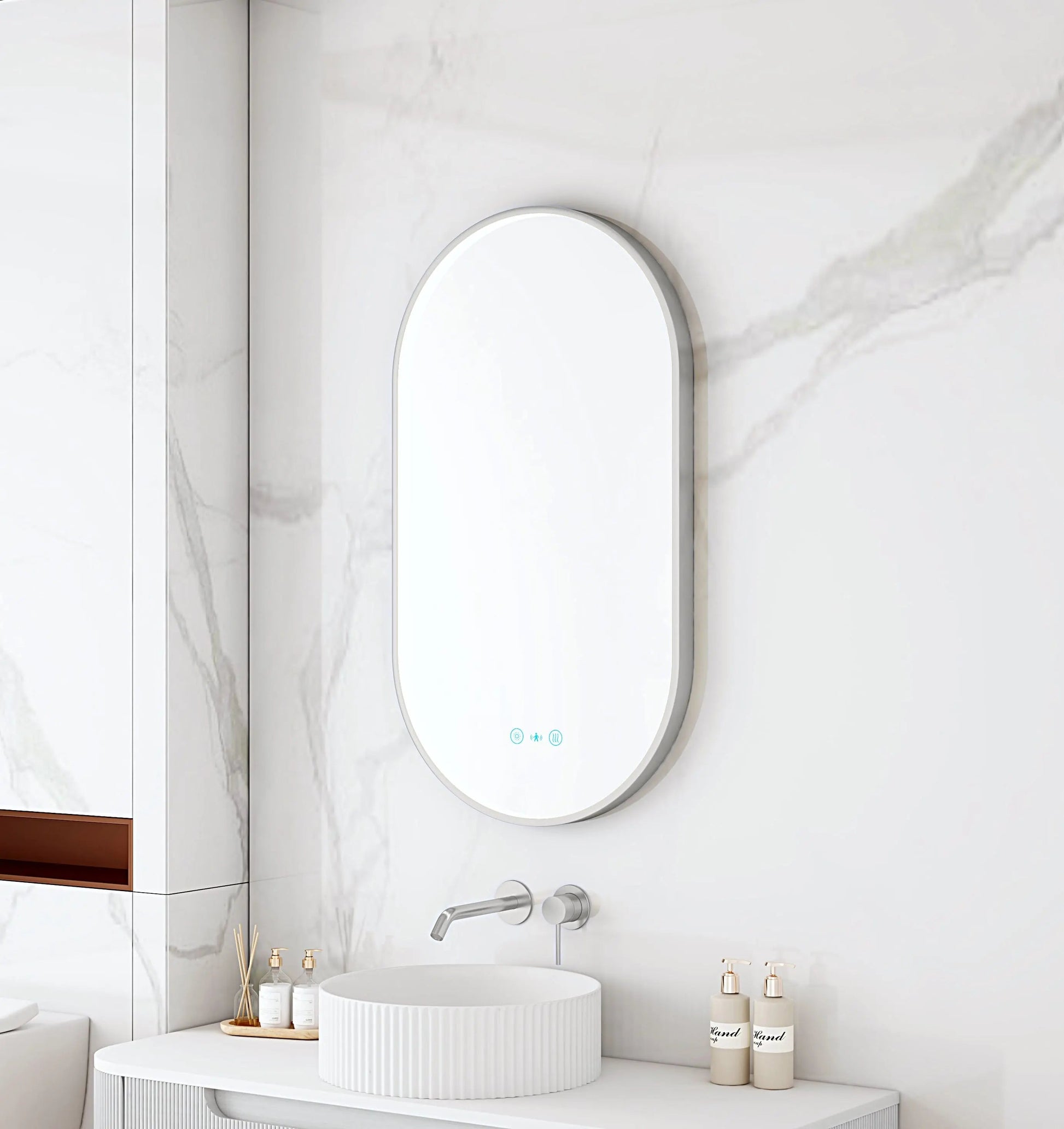 Maia 500×900mm LED Oval Mirror – Brushed Nickel Frame mercioaustralia