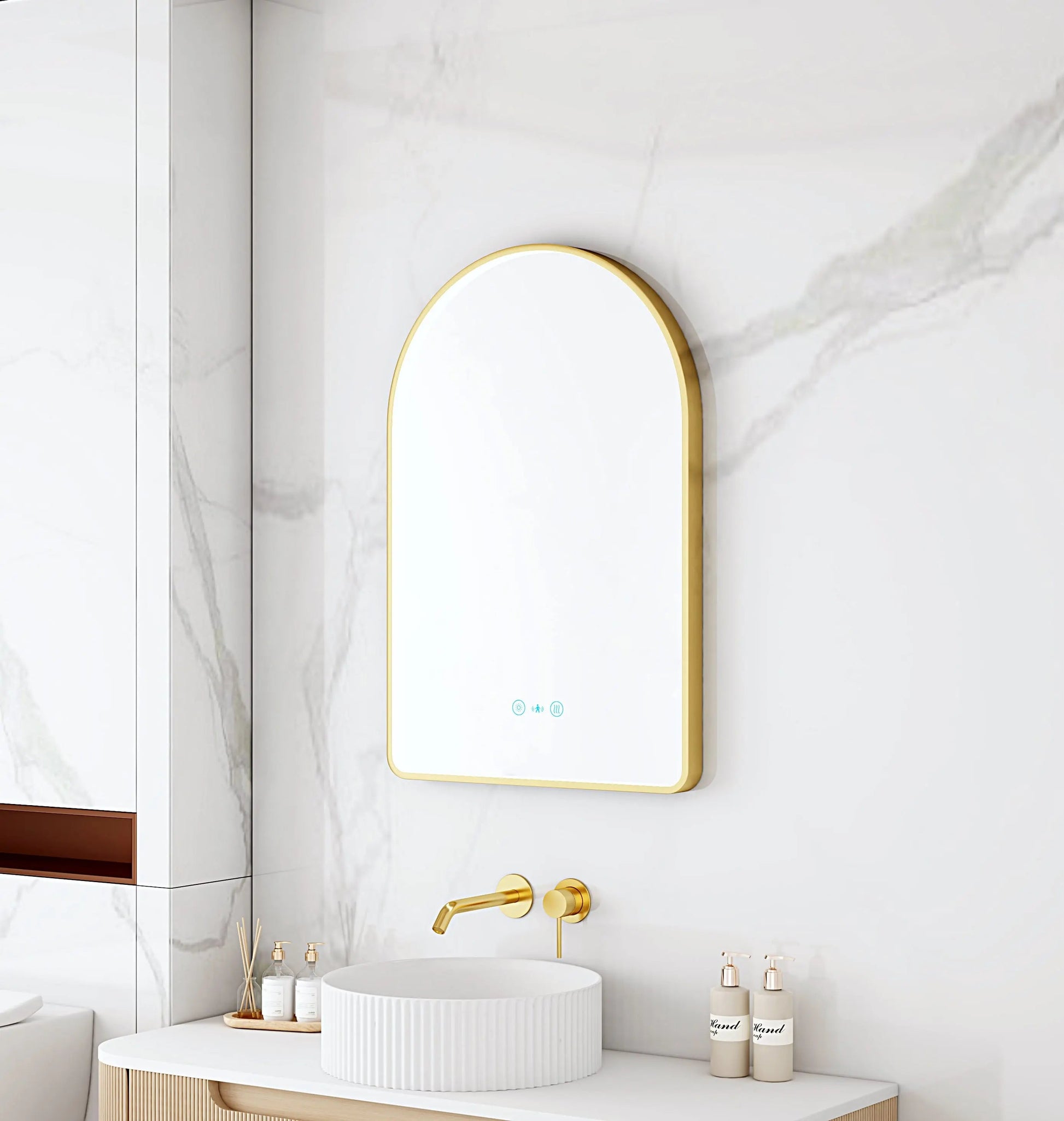 Maia 600×900mm LED Arch Mirror– Brushed Gold Frame mercioaustralia