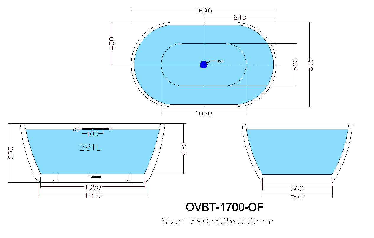 Olivia Gloss White Free Standing Bathtub 1690*805*550mm Poseidonbk