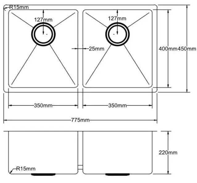 Stainless Steel Double Bowl Sink 775*450*220mm Poseidonbk