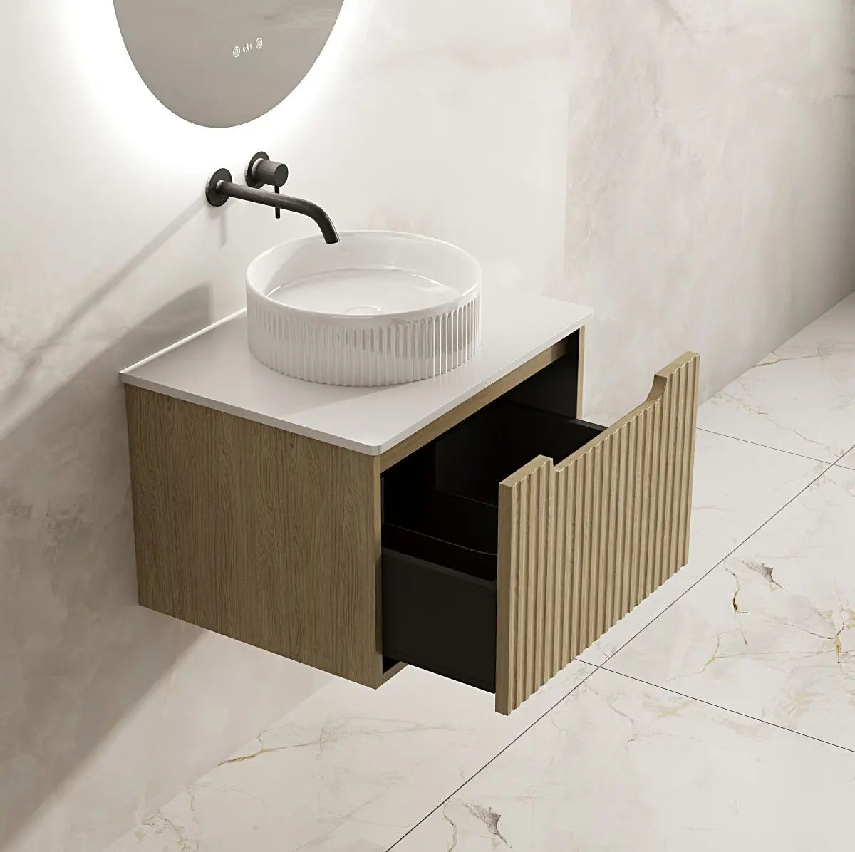 Fluted Rhea 600mm Wall-Hung Cabinet - Natural Oak mercioaustralia