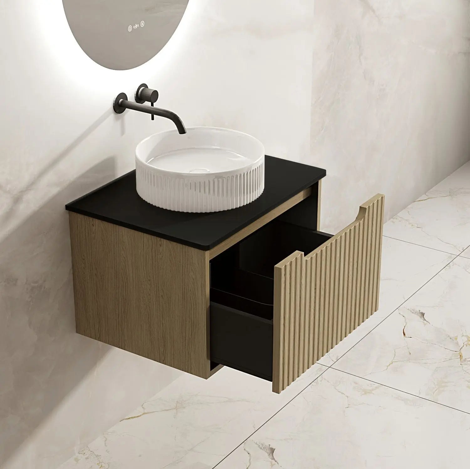 Fluted Rhea 600mm Wall-Hung Cabinet - Natural Oak mercioaustralia