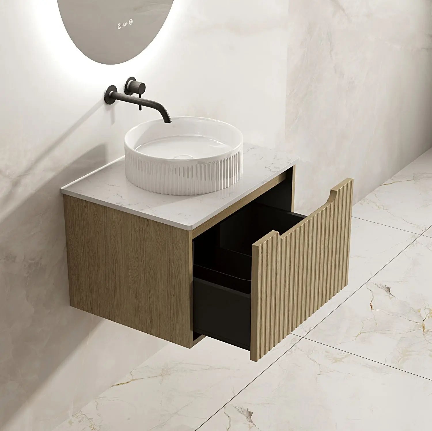 Fluted Rhea 600mm Wall-Hung Cabinet - Natural Oak mercioaustralia