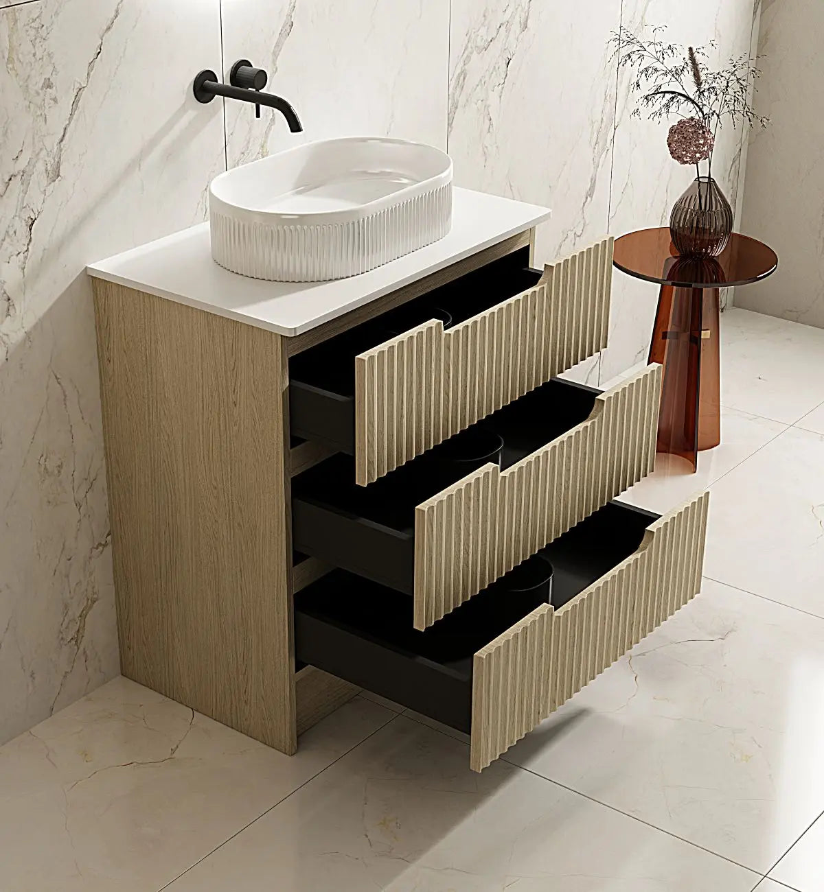 Fluted Rhea 750mm Freestanding Cabinet - Natural Oak mercioaustralia
