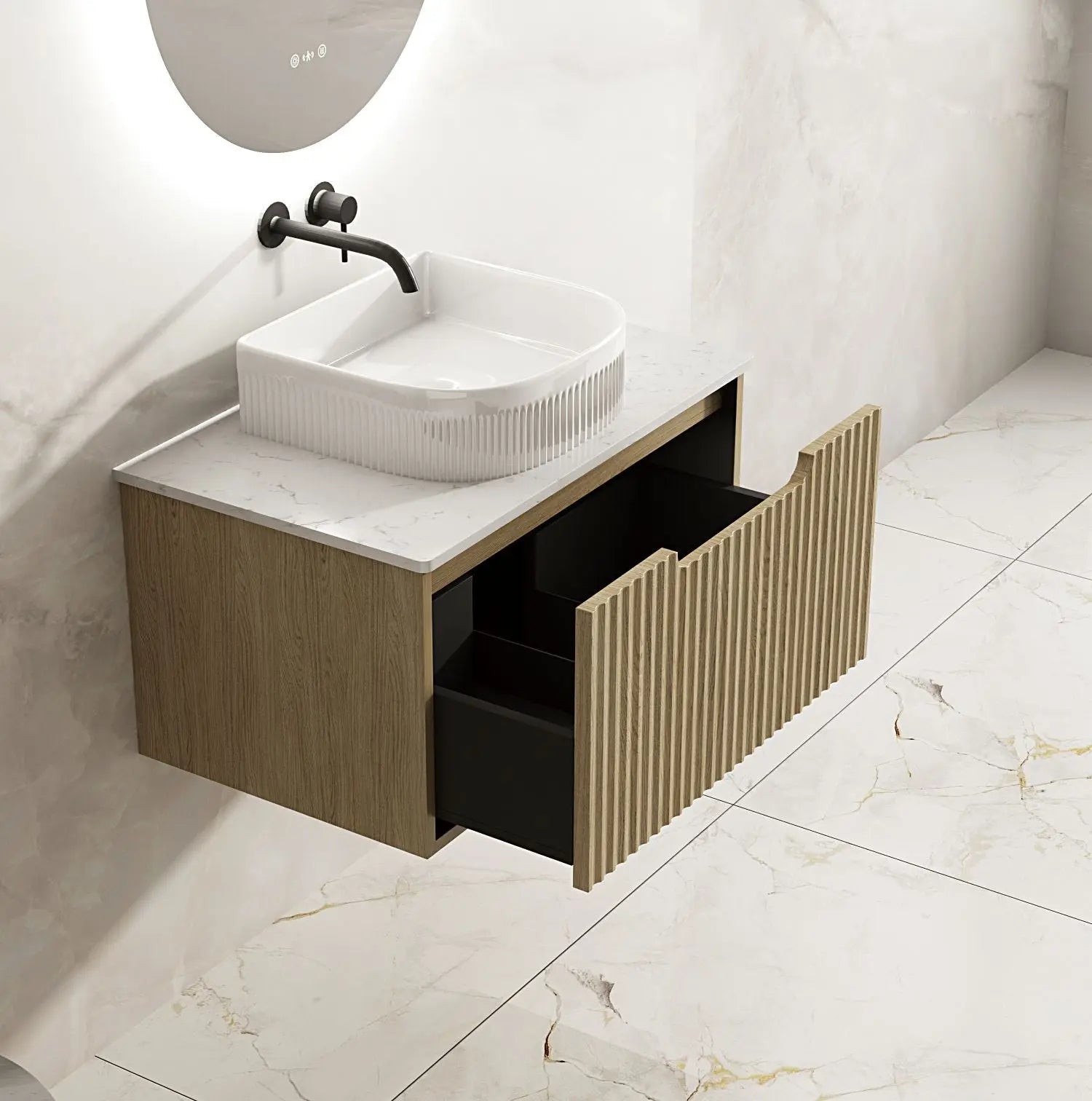 Fluted Rhea 750mm Wall-Hung Cabinet - Natural Oak mercioaustralia