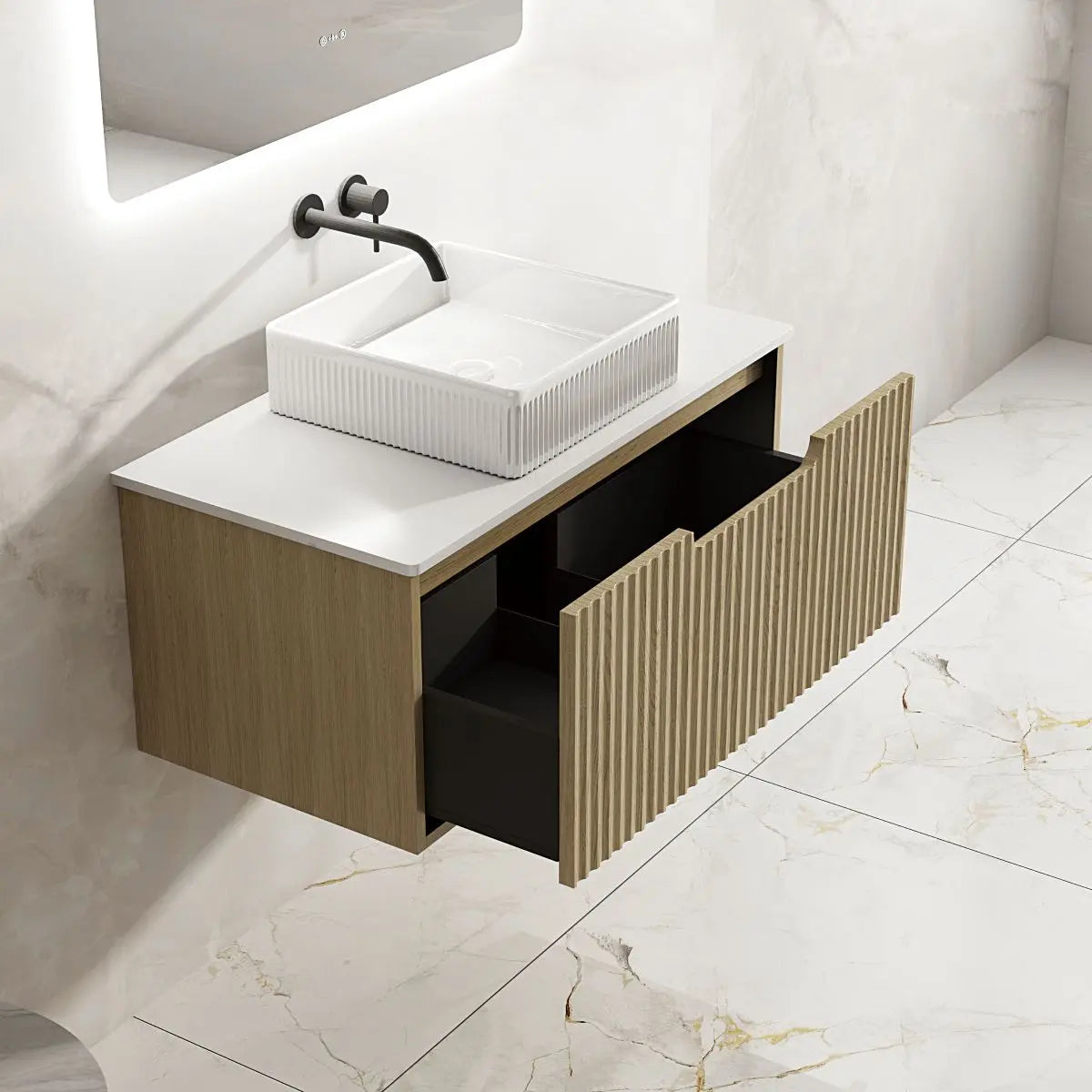 Fluted Rhea 900mm Wall-Hung Cabinet - Natural Oak mercioaustralia