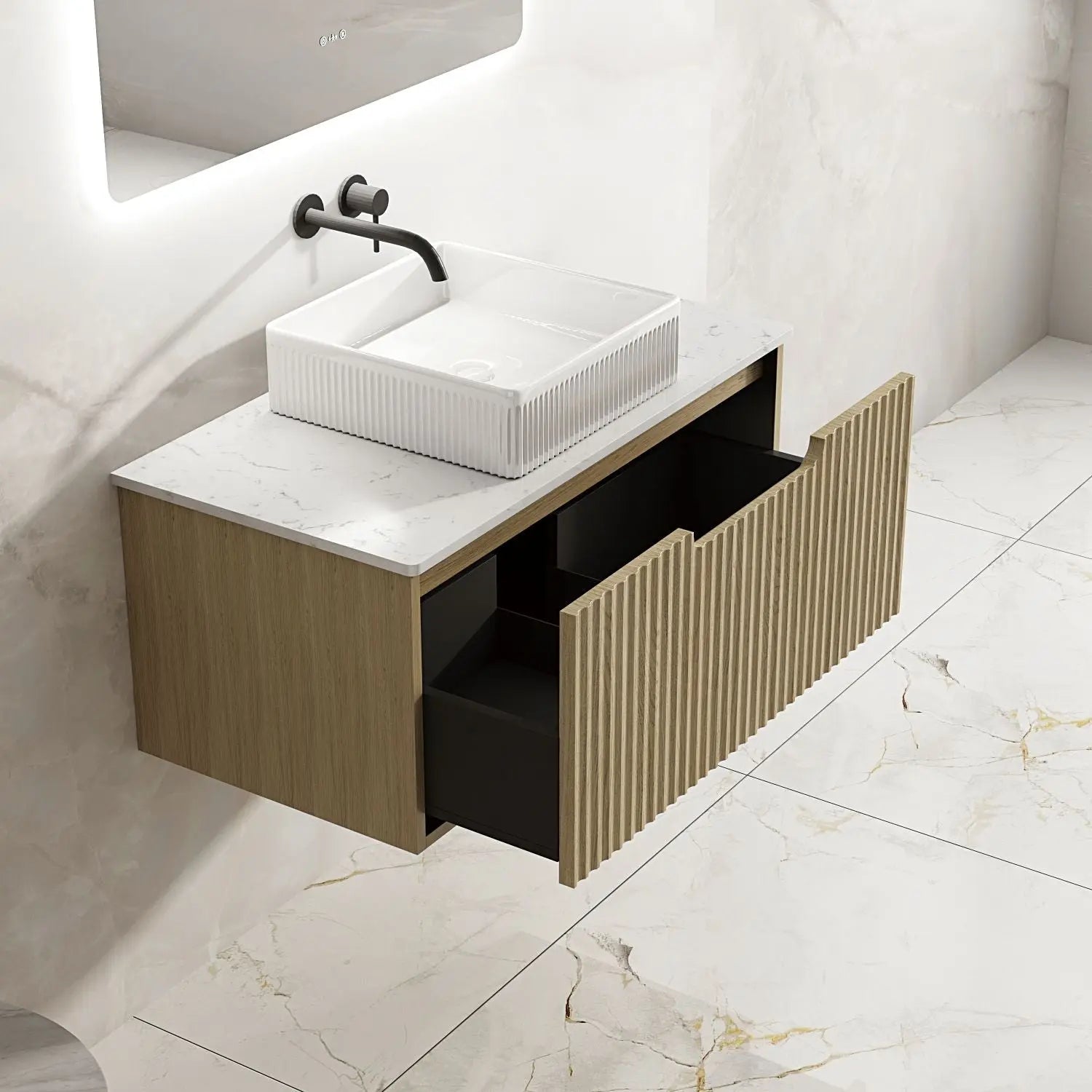 Fluted Rhea 900mm Wall-Hung Cabinet - Natural Oak mercioaustralia