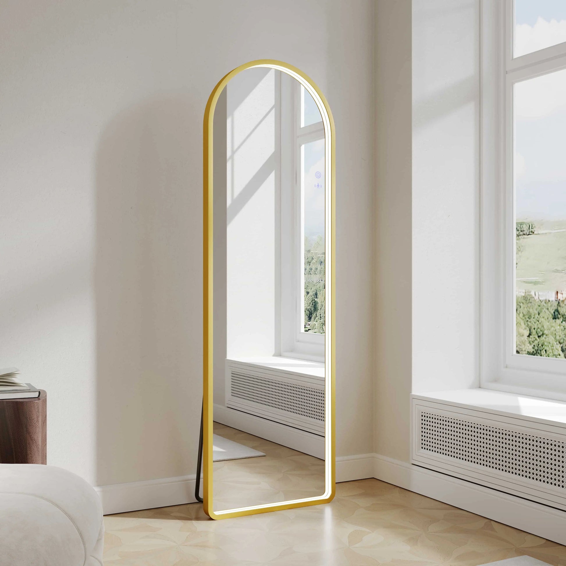 Saga 500×1600mm Freestanding LED Arch Mirror - Brushed Gold mercioaustralia
