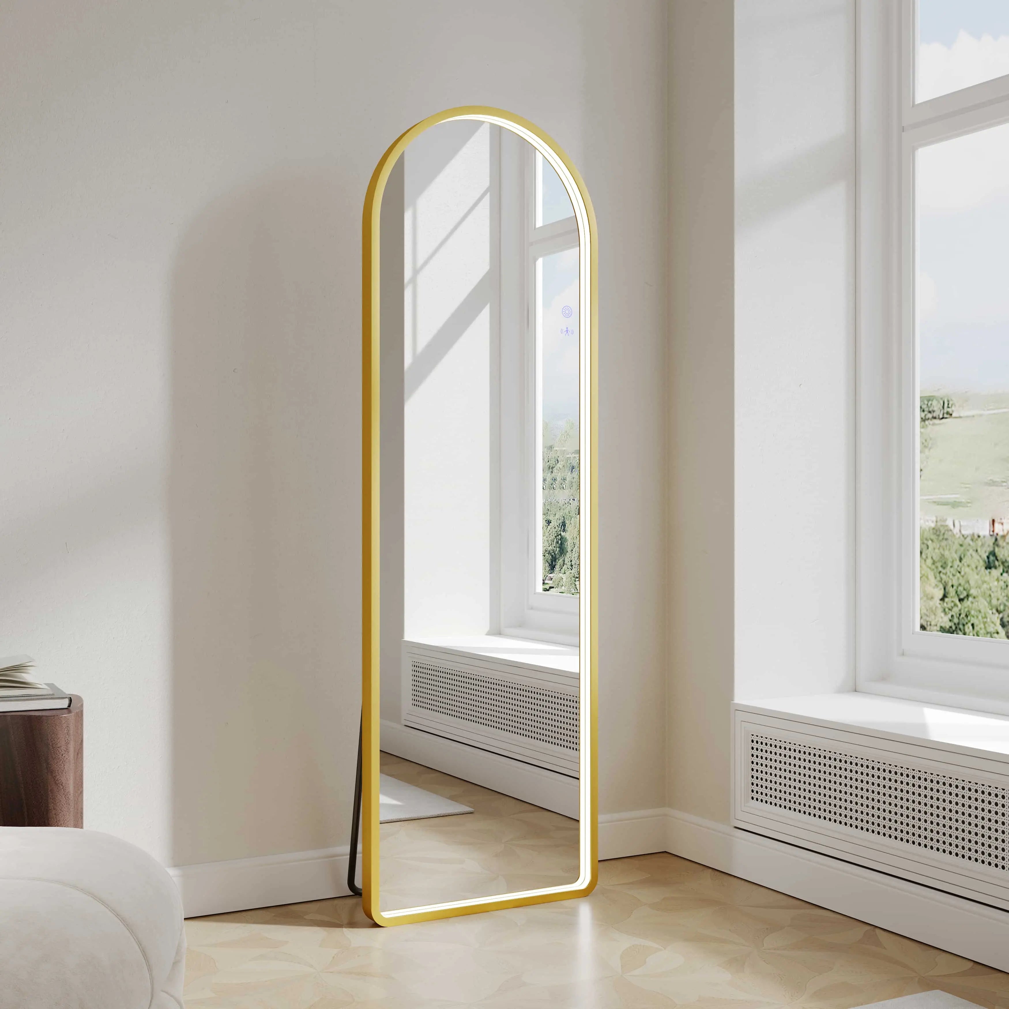 Saga 500×1600mm Freestanding LED Arch Mirror - Brushed Gold mercioaustralia