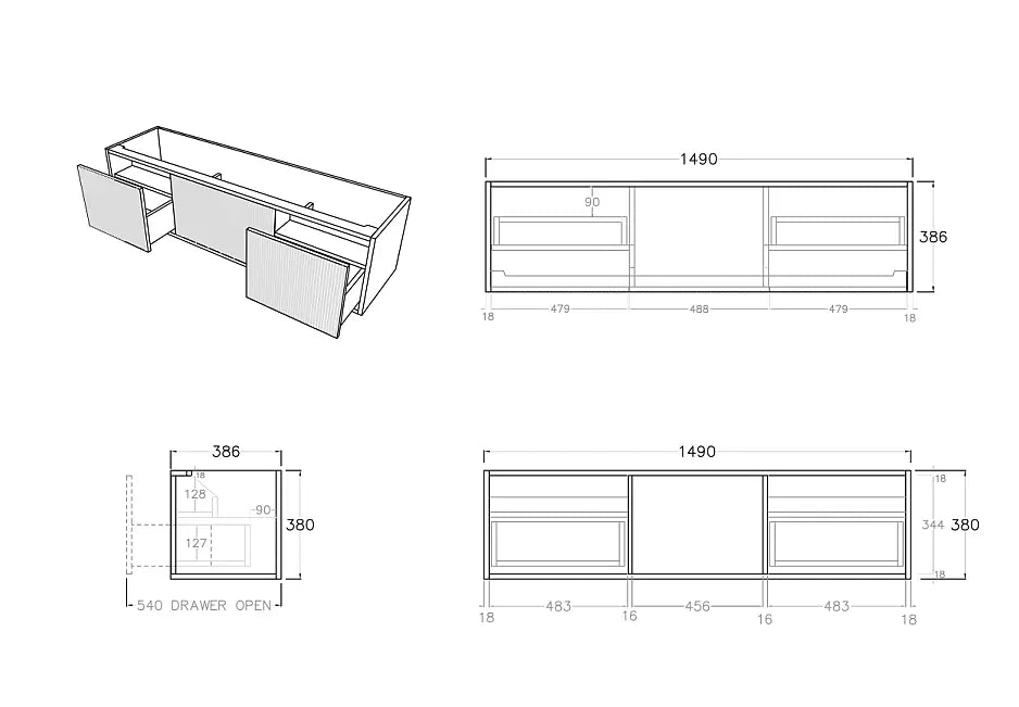 Bellevue Slim PVC Wall Hung Vanity 1500mm (Single/Double Bowl) (Coastal Oak) Poseidon