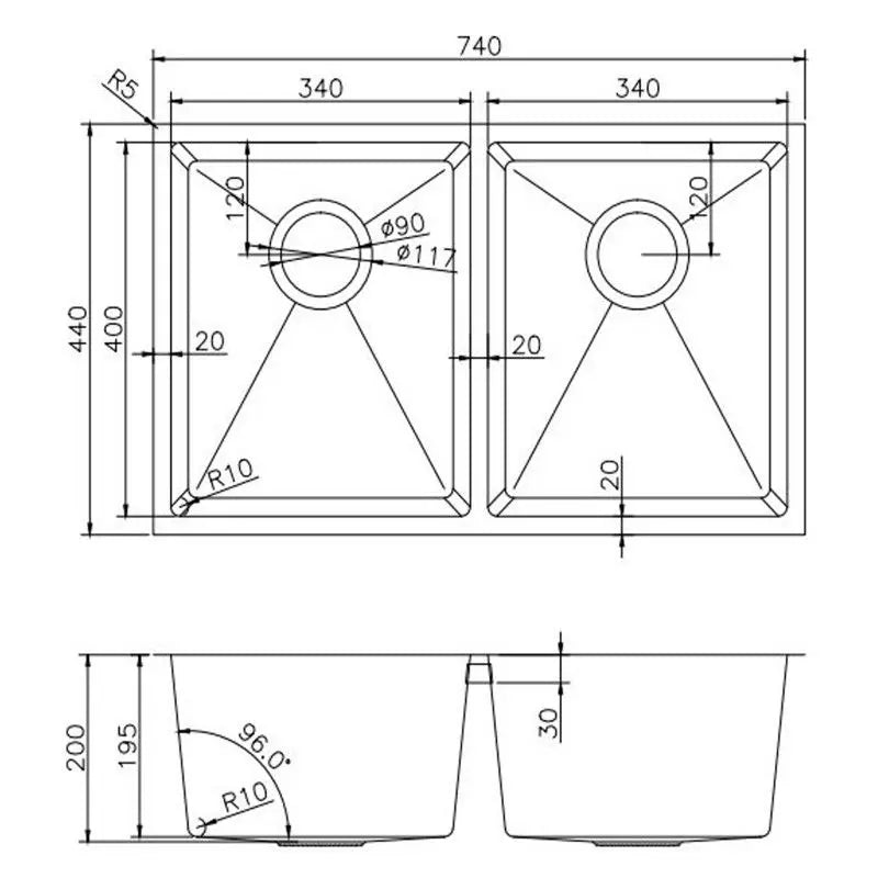 Handmade Stainless Steel Chrome Double Bowl Kitchen Sink 1.2mm (Top/Flush/Undermount) 740*440*200mm Aquaperla