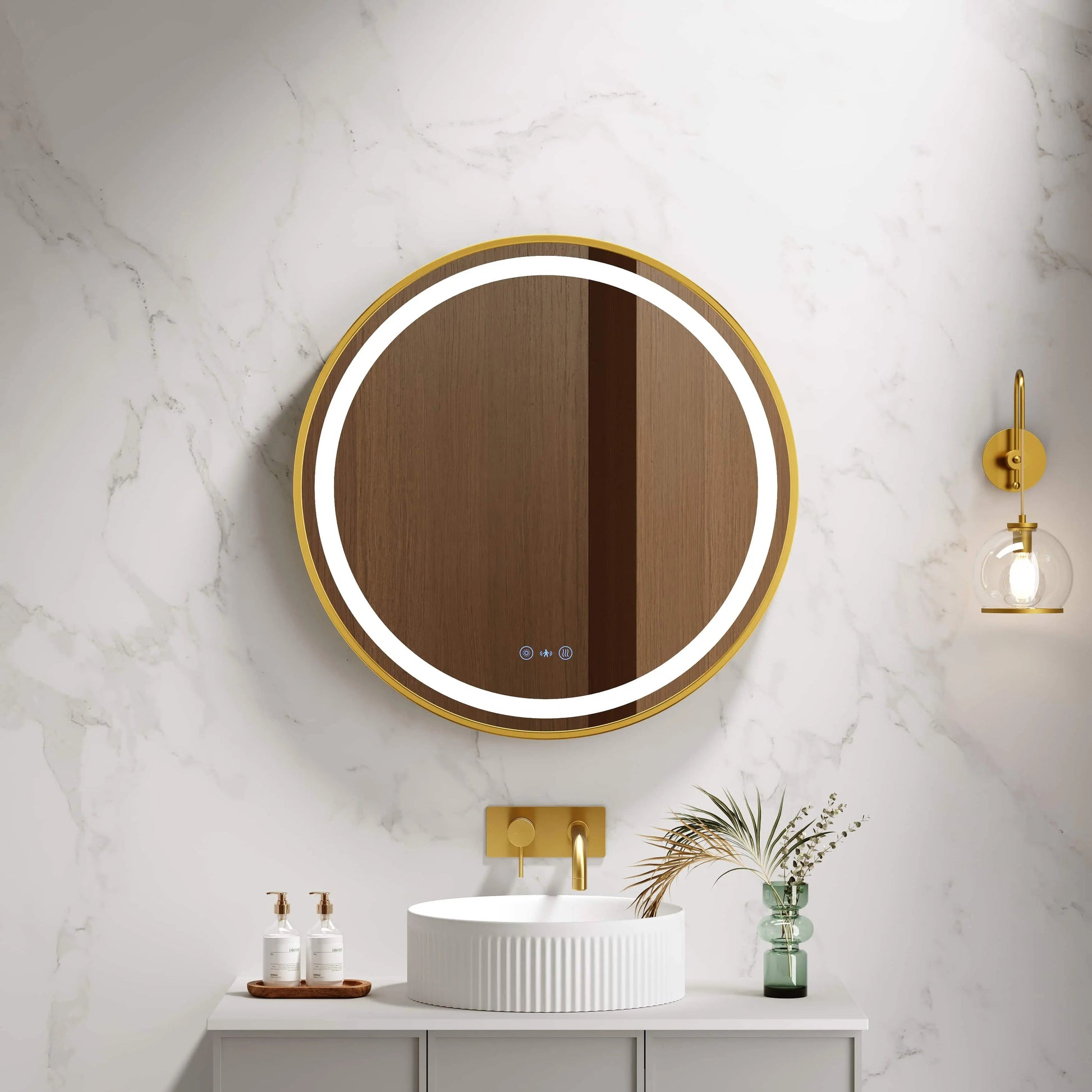 Venus 600/750/900mm LED Round Mirror – Brushed Gold Frame mercioaustralia