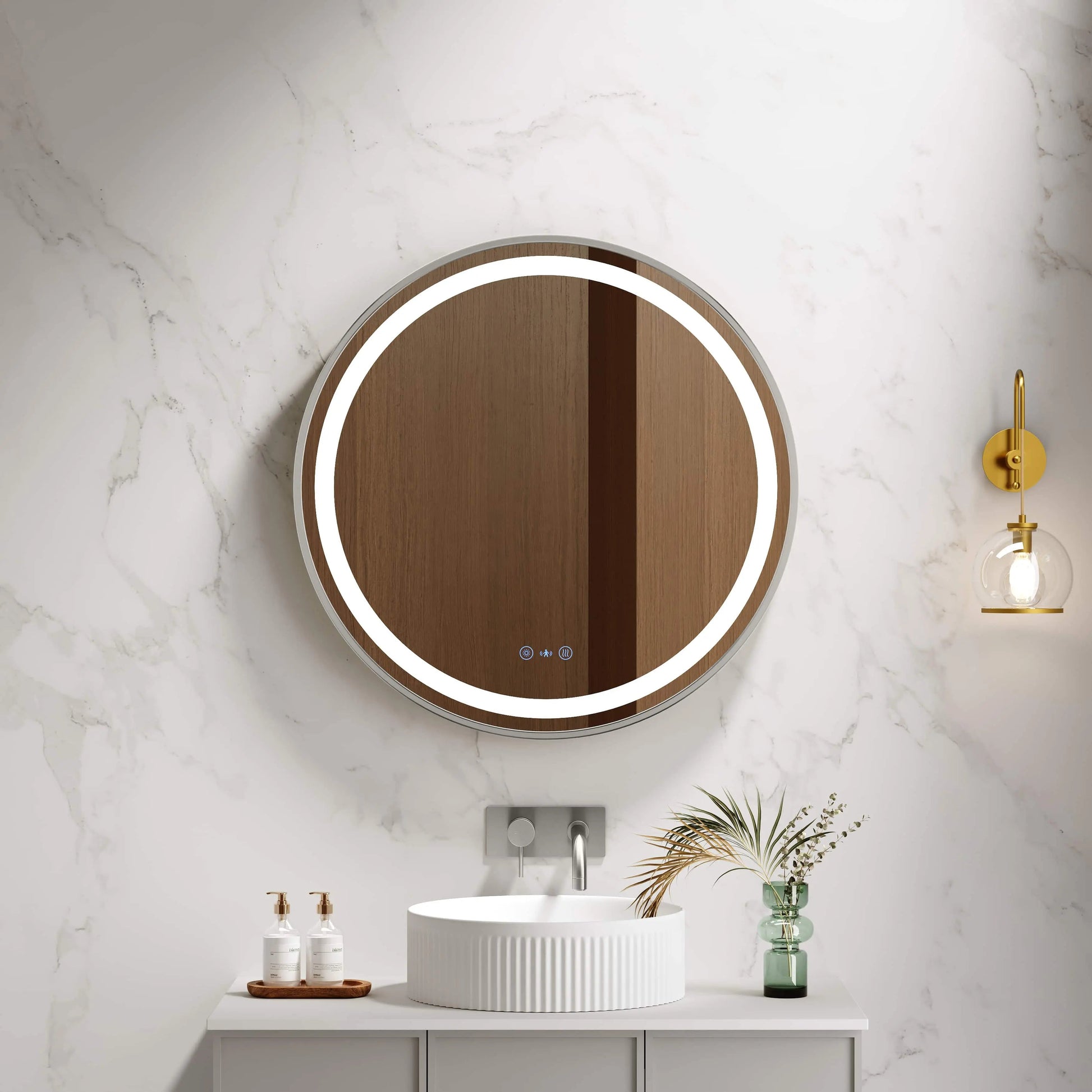 Venus 600/750/900mm LED Round Mirror – Brushed Nickel Frame mercioaustralia
