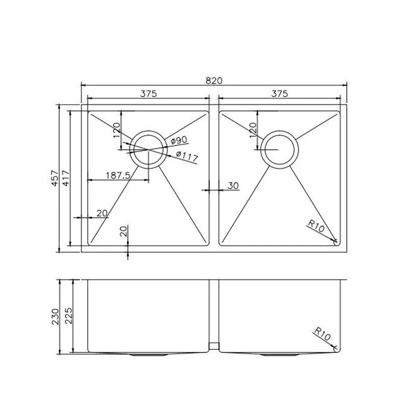 Handmade Stainless Steel Gun Metal Grey Double Bowl Kitchen Sink 1.2mm (Top/Flush/Undermount) 820*457*230mm Aquaperla