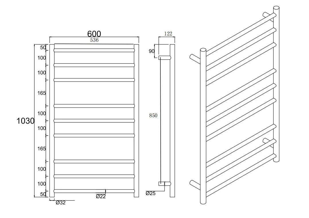 Black Heated Towel Rack 9 Bars Aquaperla