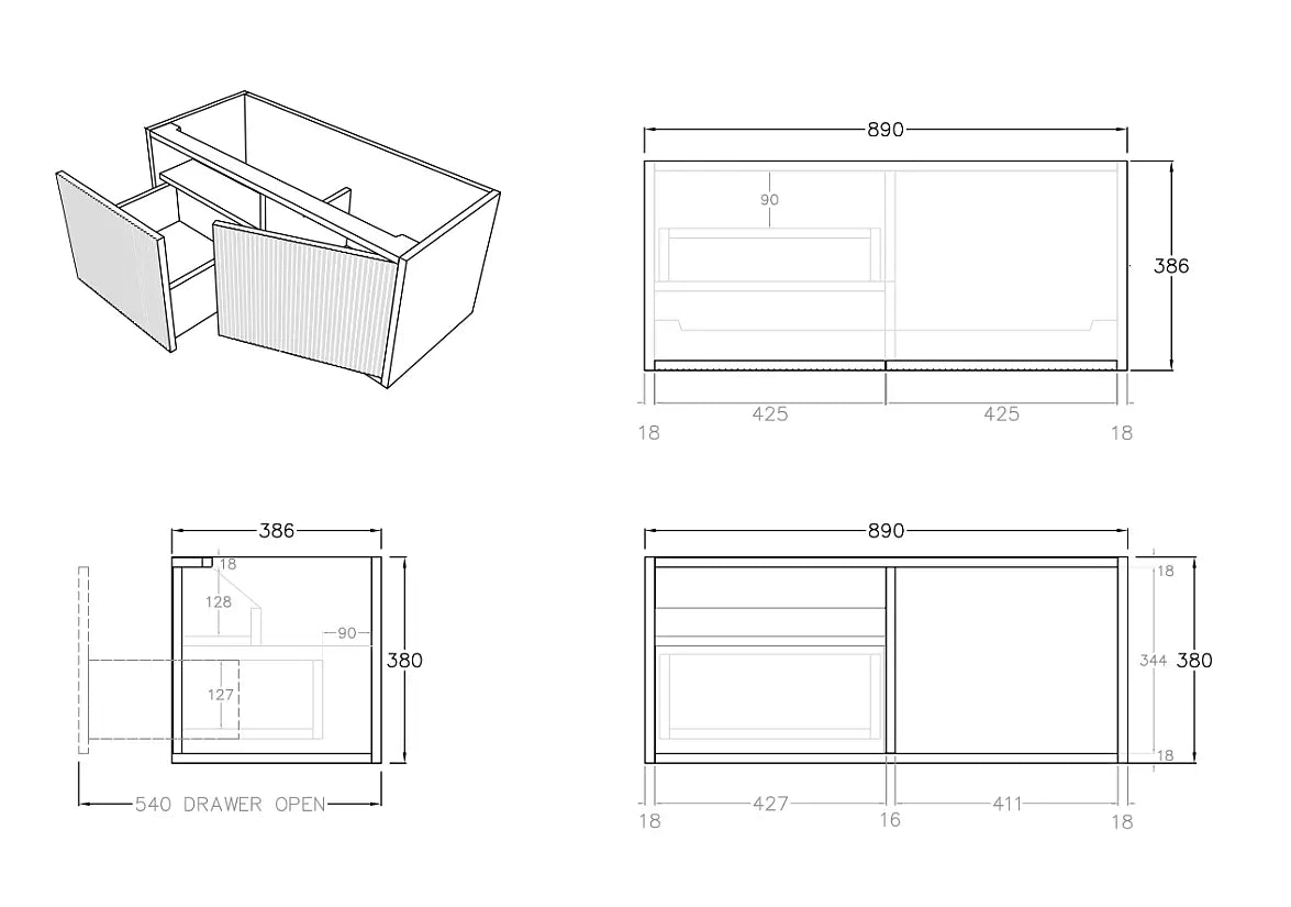 Bellevue Slim PVC Wall Hung Vanity 900 (Coastal Oak) Poseidon