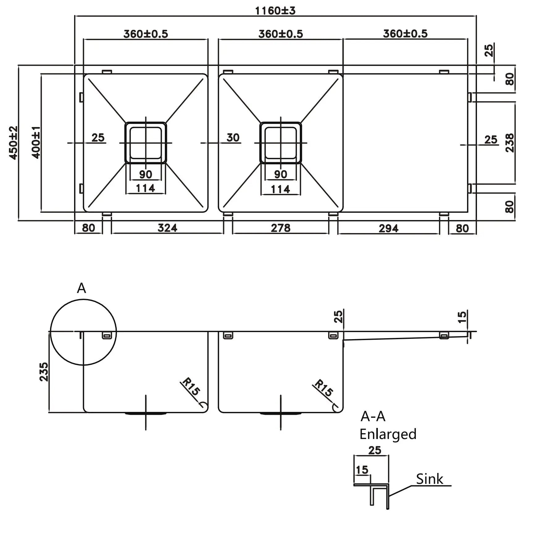Stainless Steel Double Bowl Sink With Drainer 1160*450*235mm Poseidonbk